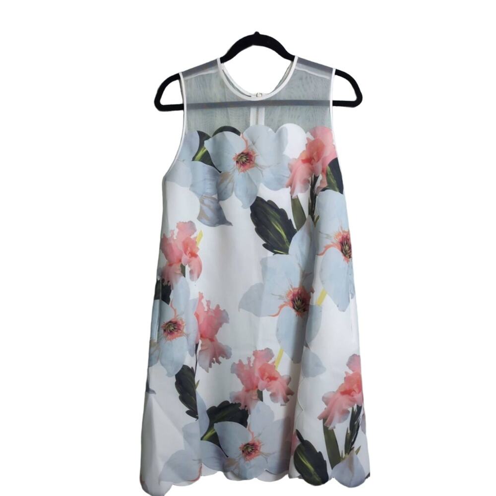 TED BAKER Caprila Bloom Scalloped Dress White Pink Blue Floral A Line Shift 4 (U